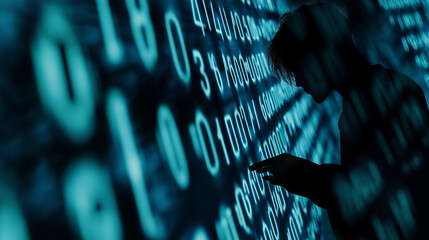 Silhouette of a person in front of a screen displaying digital code.