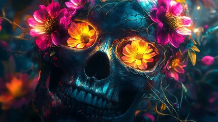 Wall Mural - A skull with abstract flowers blooming from its eye sockets and mouth, with petals in bright neon colors like pink, yellow, and teal. The flowers are entangled in graffiti vines,