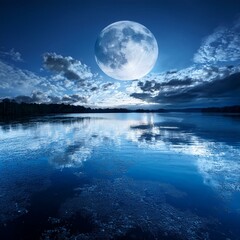 Wall Mural - dramatic moonrise with deep blue sky lake reflections and clouds