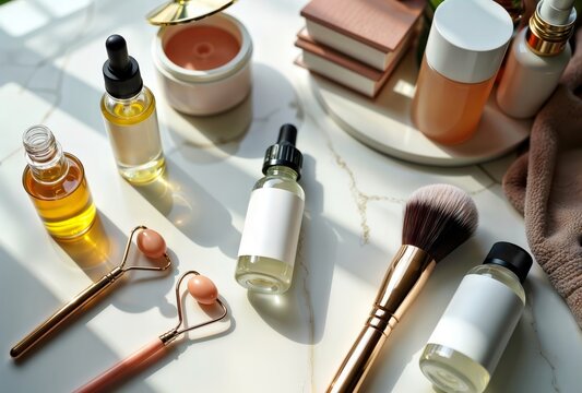 beauty products, flat lay. a collection of skincare and makeup products, including serums, a jade ro