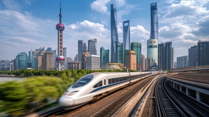 Poster - Fast Train Passing Through Modern Cityscape