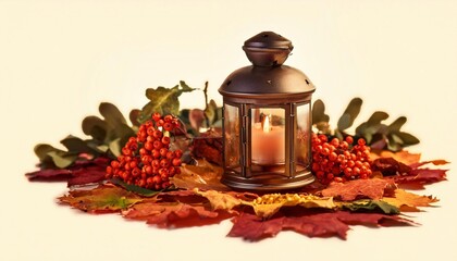 Wall Mural - vintage style lantern surrounded by fall leaves berries and candles