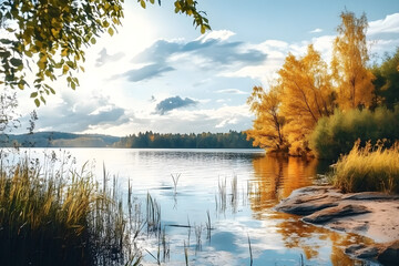 Wall Mural - Lake landscape outdoors painting.