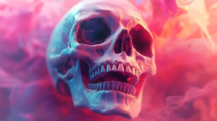 Wall Mural - A skull with floating eyes and exaggerated, elongated teeth curving outward, set against a surreal background filled with abstract shapes and vibrant colors.