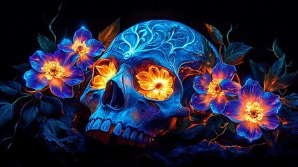 Wall Mural - A skull with luminous flowers blooming from its eyes and mouth, each petal glowing in neon shades of orange, blue, and magenta.