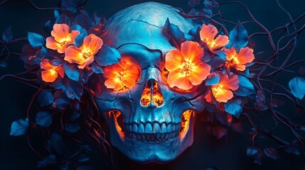 Wall Mural - A skull with luminous flowers blooming from its eyes and mouth, each petal glowing in neon shades of orange, blue, and magenta.