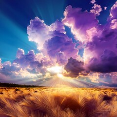 Sticker - golden sunlight streams through fluffy white and purple clouds in a bright blue sky