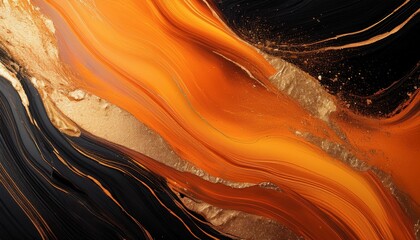 Wall Mural - abstract orange and black background with dynamic strokes and gold flecks