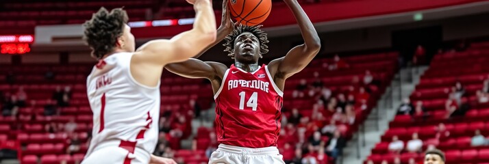 Young athlete soars for a slam dunk high above a defender as fans cheer in a crowded arena