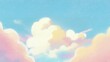 © glimsim - Soft pastel clouds against a bright blue sky with gentle pink and yellow hues. Hand-drawn sky scene illustration with a calming atmosphere. Design for greeting card, wallpaper, and poster.