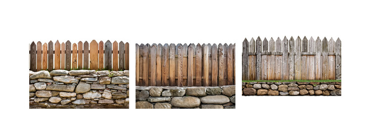 Poster - Three different sections of wooden fences with stone walls and grass on top