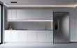 © JP STUDIO LAB - Sleek kitchen design with stainless steel fridge, white cabinets, and gray brick wall, organized and modern cooking space with minimalist appeal