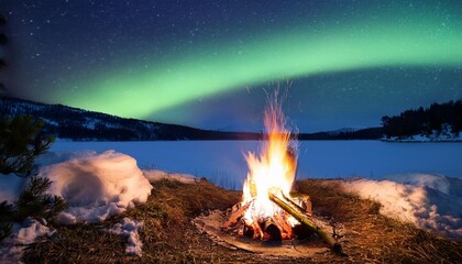 Wall Mural - winter evening landscape with campfire near the lake and aurora in the sky