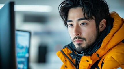 Canvas Print - Man in a yellow jacket is looking at a computer monitor. He is wearing a hard hat, safety glasses. person wearing mountaineering equipment, looking at computer monitor, in a normal modern office space