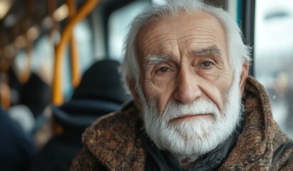 Canvas Print - An older man wearing glasses and a blue scarf sits on a bus. He looks sad and lonely. old man sitting in a crowded bus