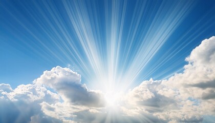 Sticker - sun light rays or beams bursting from the clouds on a blue sky spiritual religious background