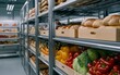 © JP STUDIO LAB - Walk-in industrial refrigerator with rows of neatly arranged produce and bread, clean and organized, stainless steel shelving, large-scale food storage solution