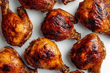 Whole roasted chickens with crispy, browned skin, isolated against a white background, showcasing golden perfection and savory flavor