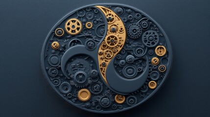 Poster - Artistic representation of interlocking gears and cogs forming a yin-yang symbol in gold and black colors on a smooth dark background.