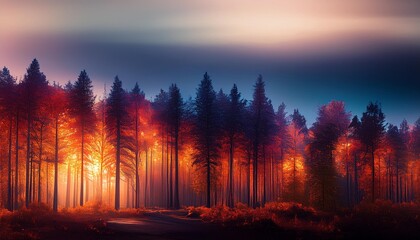 Wall Mural - the dark of the evening covering the colorful forest