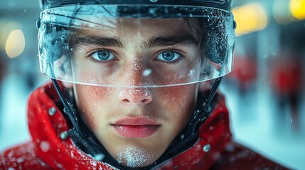 Close-up of a young hockey player wearing a helmet, with snowflakes falling, showcasing determination and focus.