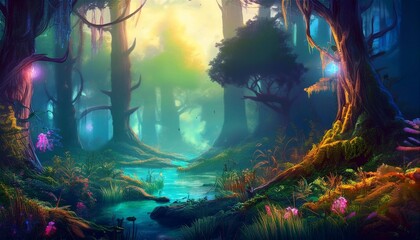 Wall Mural - game art fantasy forest environment captivating woodland with magical ambiance glowing plants and my