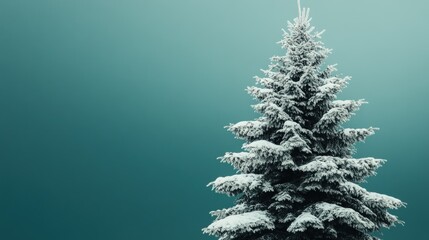 A snow-covered evergreen tree stands tall against a blue-green sky.