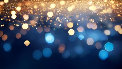Wall Mural - abstract festive background with glowing bokeh lights in blue and gold holiday celebration or new ye