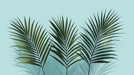 Poster - A minimalist vector illustration of palm fronds, bold and smooth lines, dark green color palette, placed on a pastel blue background, modern and sophisticated style, no additional elements,