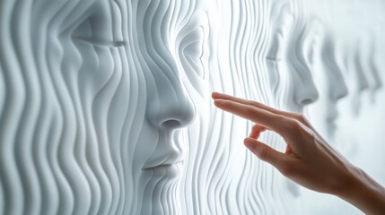 Wall Mural - A hand gently touches a textured wall with sculpted faces, evoking a sense of curiosity, AI