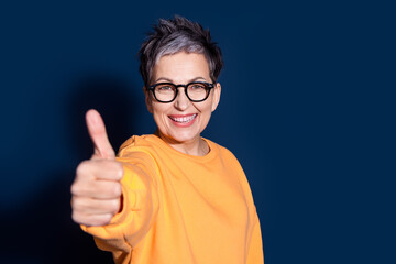 Sticker - Photo portrait of attractive mature woman show thumb up dressed stylish yellow clothes isolated on dark blue color background