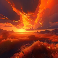 Wall Mural - glowing orange sky with thick clouds