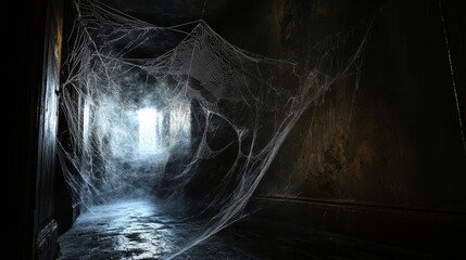 spider webs draped across dark corners, spiders on them