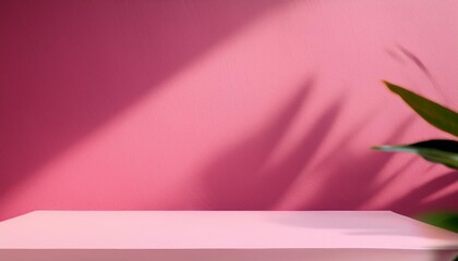 Wall Mural - empty table on bright pink wall background composition with leaves shadow on the wall and pink table mock up for presentation branding products cosmetics food or jewelry