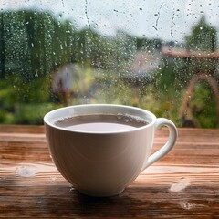 cup of hot drinks on wooden table in rainy day