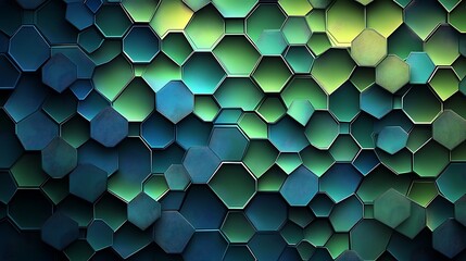 Poster - A vector design of repeating hexagonal shapes in varying sizes, gradients of green and blue creating depth, overlay of fine lines for texture, symmetrical layout with a dynamic flow,