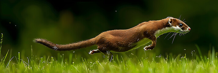 Vivid portrayal of a swift and agile weasel in its natural habitat, showcasing its courage, dexterity, and focus during a hunt in a grassy field.