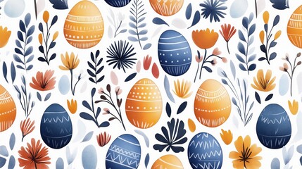 Poster - Seamless pattern of colorful Easter eggs and abstract floral motifs in orange, blue, and yellow on a white background