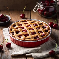 Wall Mural - homemade cherry pie on rustic background