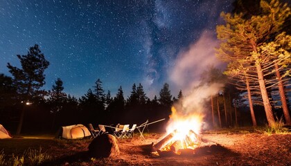 Wall Mural - campfire smoke in forest starlit sky perfect ambiance for marshmallow roasting