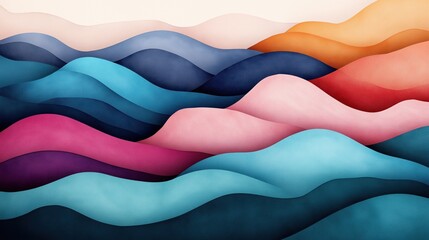 Canvas Print - Abstract landscape composed of colorful, overlapping waves in shades of blue, pink, red, and orange, creating a harmonious and flowing visual rhythm.