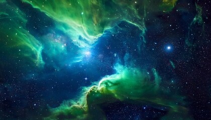 Wall Mural - cosmic nebula with green and blue hues and scattered stars