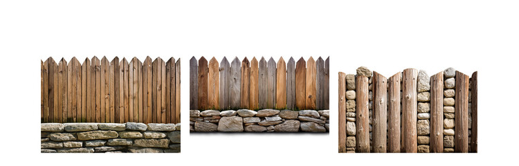 Poster - Three sections of a rustic fence made from wooden planks and stacked stones.