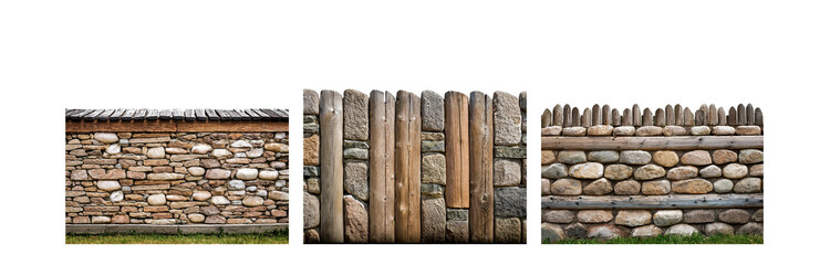 Poster - Three different styles of stone walls with wooden elements