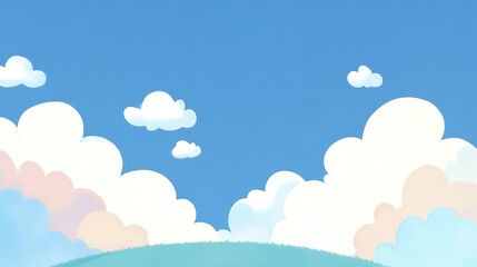 Wall Mural - Simple pastel clouds against a bright blue sky with shades of white, pink, yellow, and blue. Minimalistic hand-drawn cloudscape illustration. Design for greeting card, wallpaper, and poster.