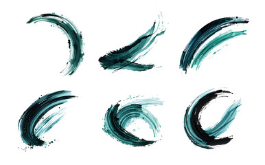 dark teal color brush stroke set, crescent and wedge, isolated on white composition, stylized paint