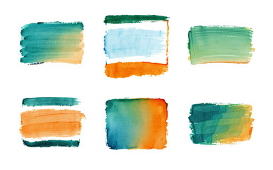 green to orange gradient brush stroke set, isolated on white, rectangles, stylized paint