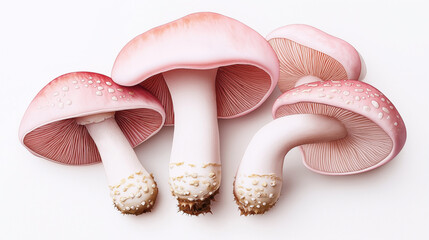 Canvas Print - Close-up of four realistic pink-red mushrooms with white speckles and detailed gills on a white background.