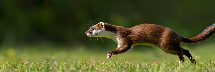 Vivid portrayal of a swift and agile weasel in its natural habitat, showcasing its courage, dexterity, and focus during a hunt in a grassy field.