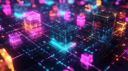 Abstract digital network with glowing neon cubes.